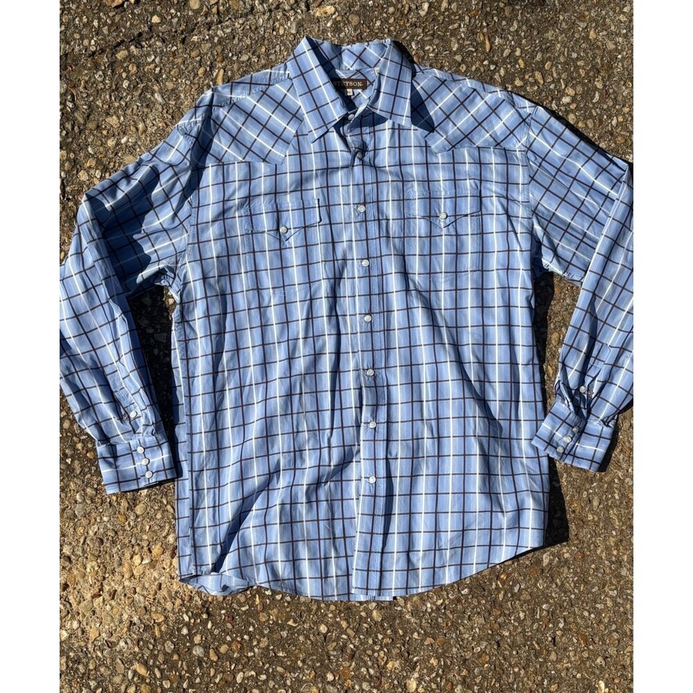 Stetson Mens Western Pearl Snap Shirt XL Blue Plaid Long Sleeve Embroidered